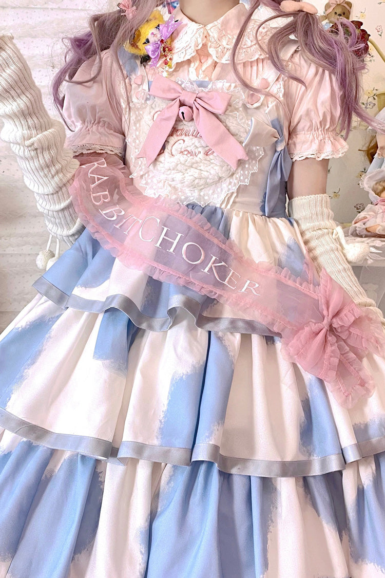 Azure Cow-Print Bowknot Sweet JSK with Triple Ruffles