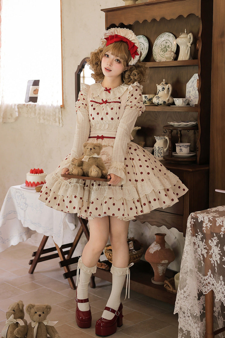Apricot Sweet Elegant Lolita Dress with Cotton Round Collar Long Lantern Sleeves Polka Dot Print Ruffled Bow Lace