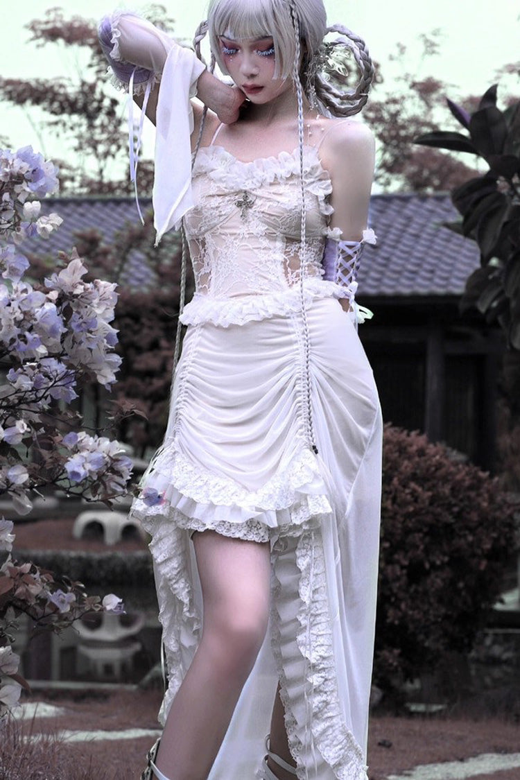 Ivory Drawstring Pleated Gothic JSK Dress with Embroidery - Redemption of the Deity