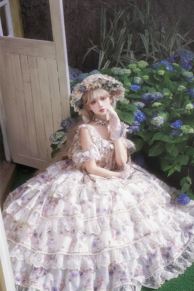 Rose Letter Off Shoulder Triple-Layered Print Ruffle Hanayome Princess Lolita Dress in Blue