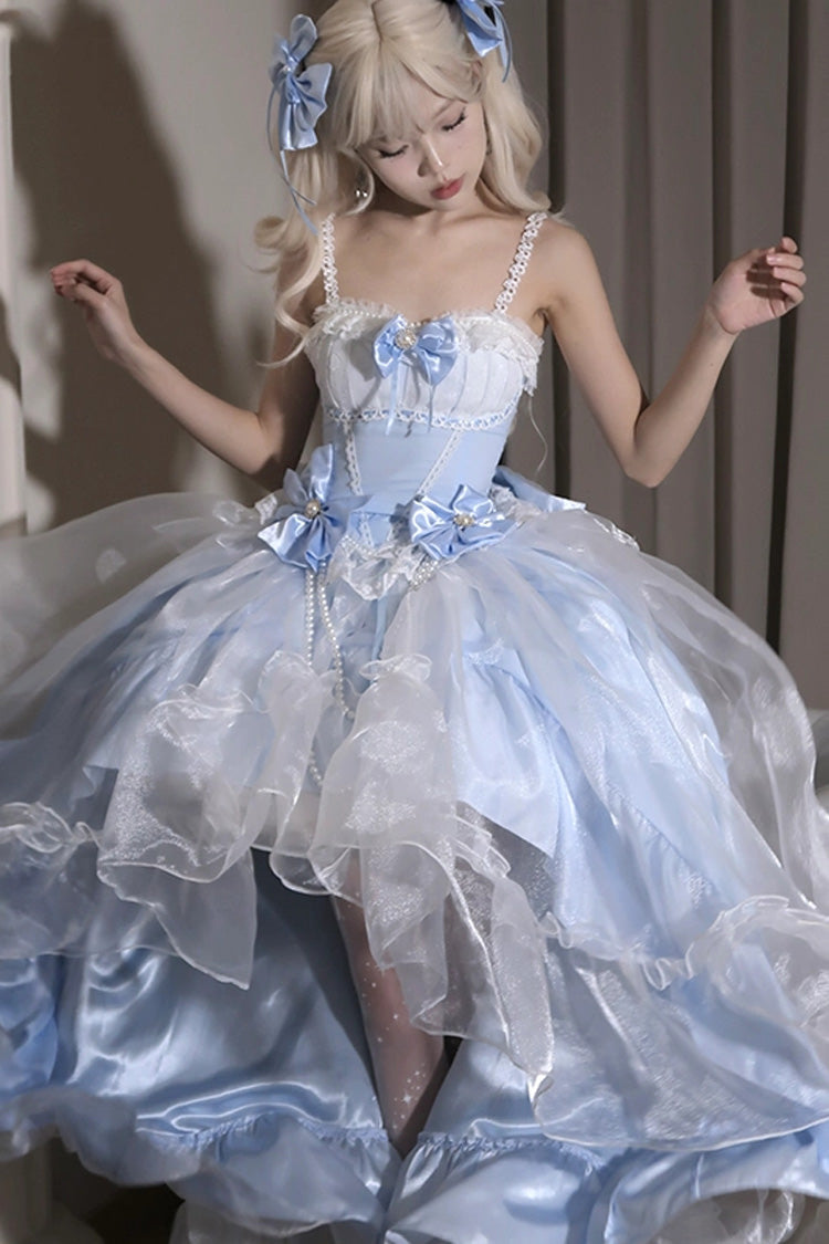 Cerulean and Ivory Porcelain Printed Ruffled Bow Lace High-Low Sweet Plus Size Lolita JSK Long Version