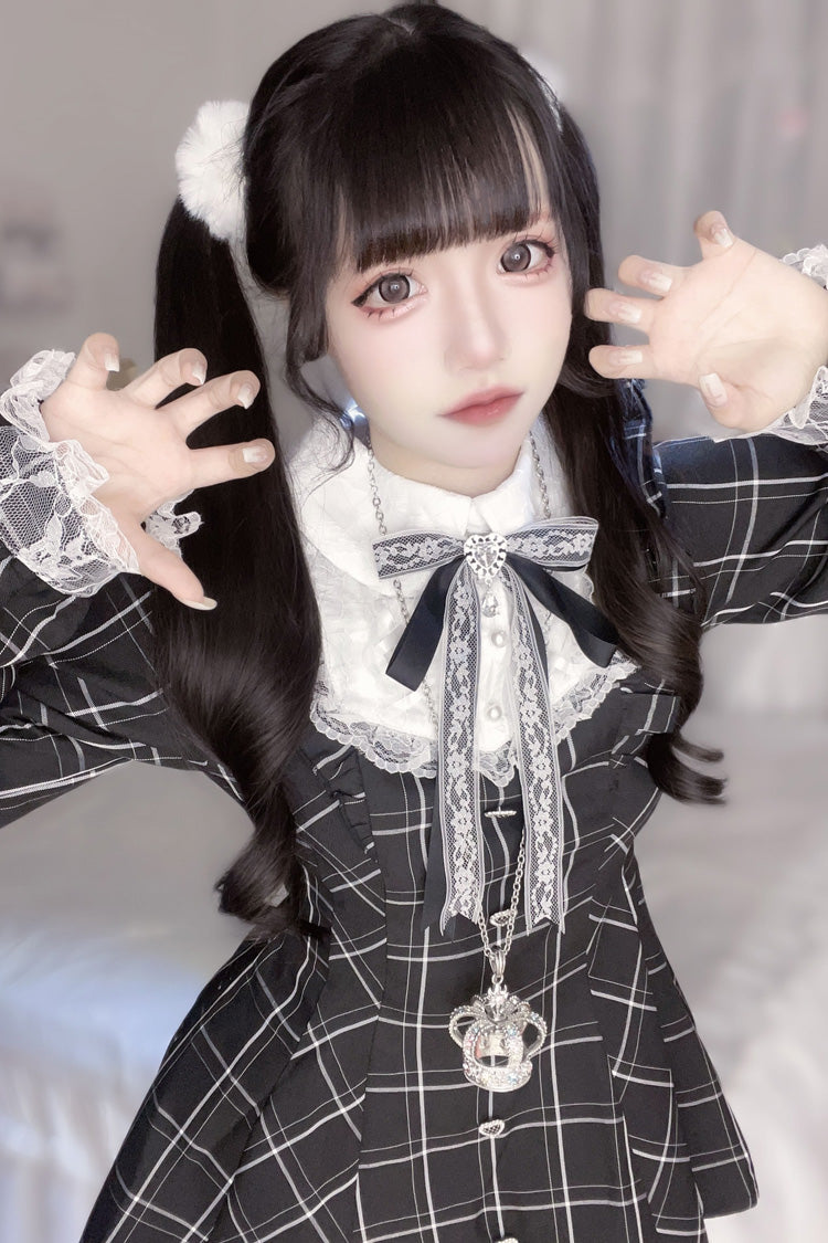 Heart-beating Limited Plaid Print Bowknot Lace Gothic Jirai Kei Dress Set - Black/White