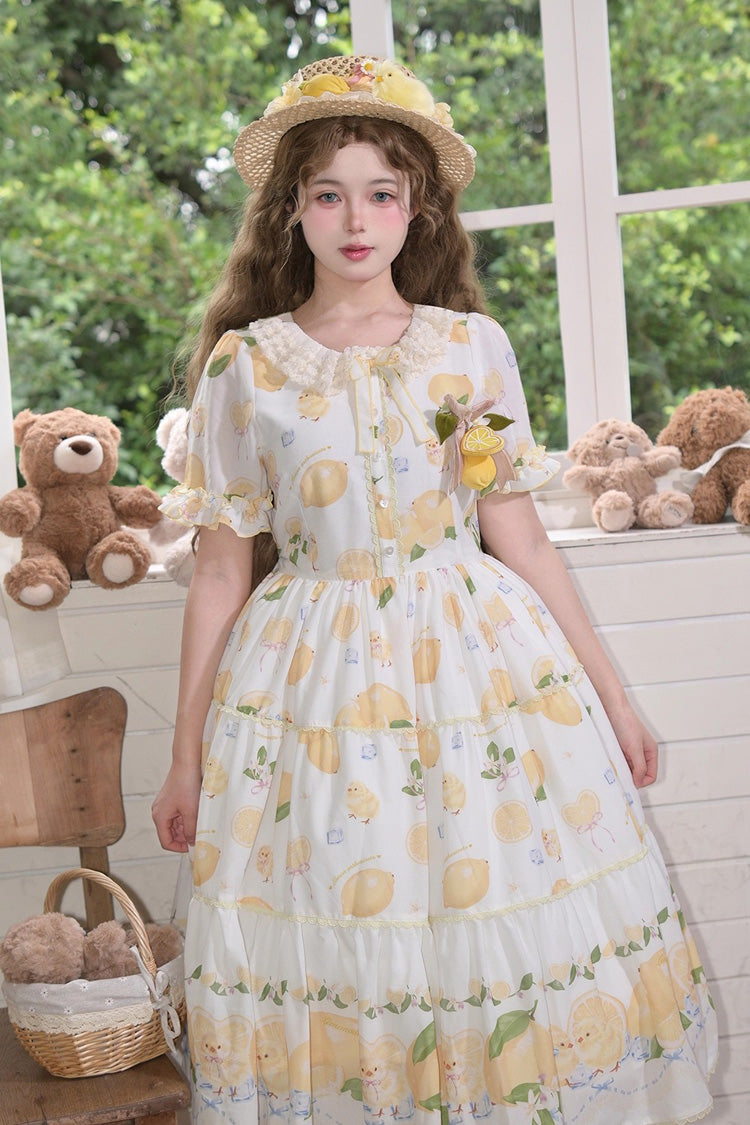 Ivory Casual Print Ruffle Bow Lace Sweet Dress