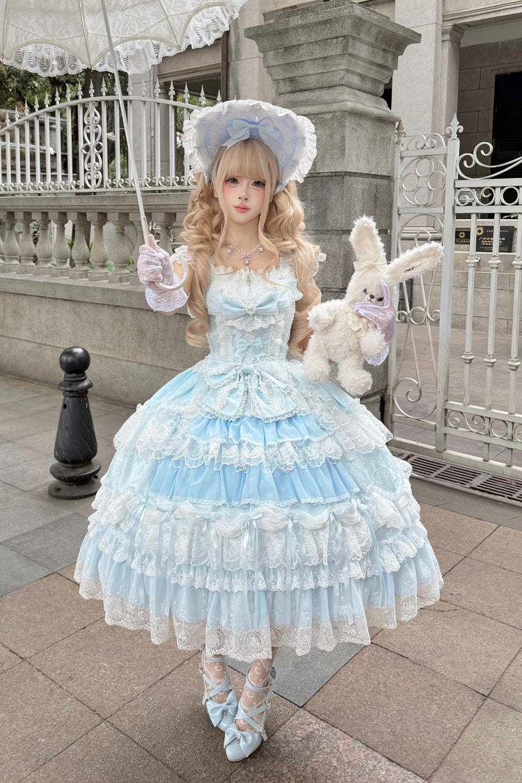 Eternal Floral Message Square Collar Sleeveless Multi-Layered Embroidered Bow Lace Sweet Lolita Jsk Dress - Blue