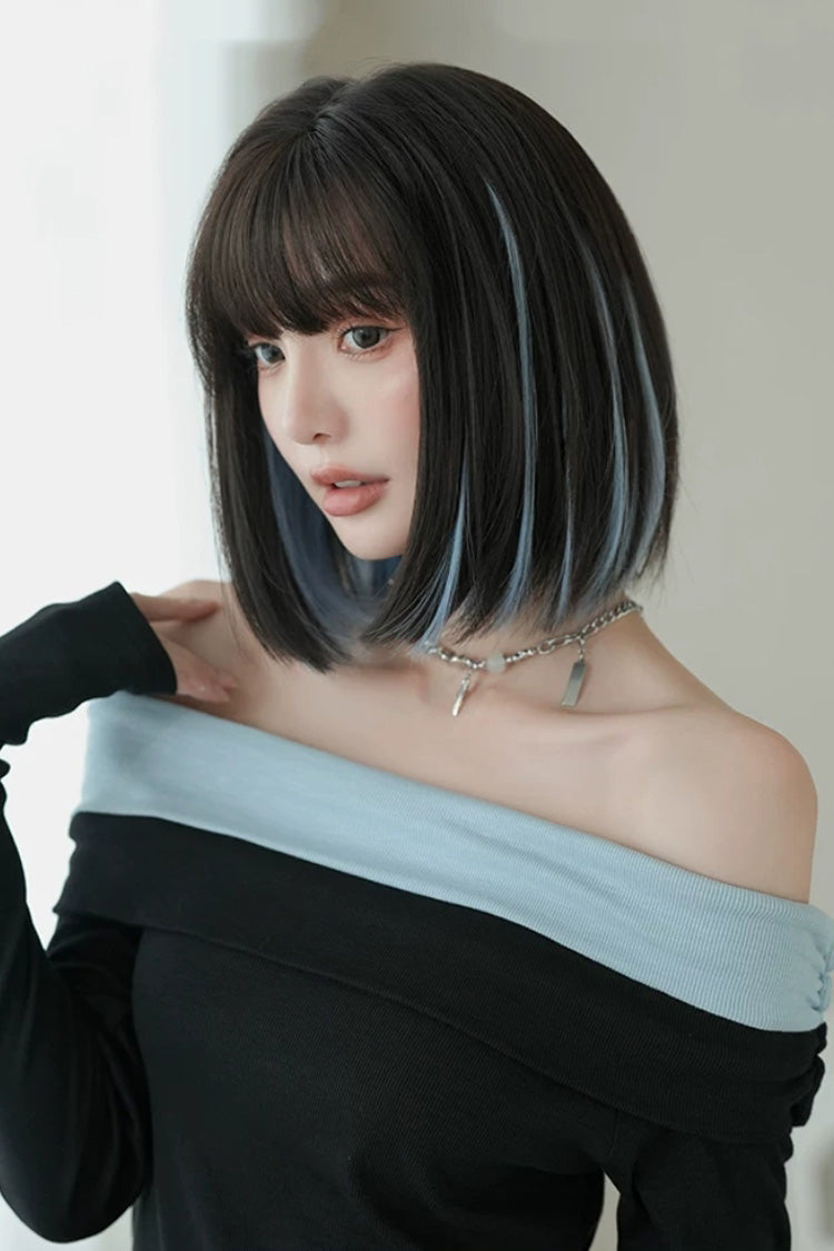 Sky Blue Black Highlight Natural Clavicle Bob Sweet Lolita Wig