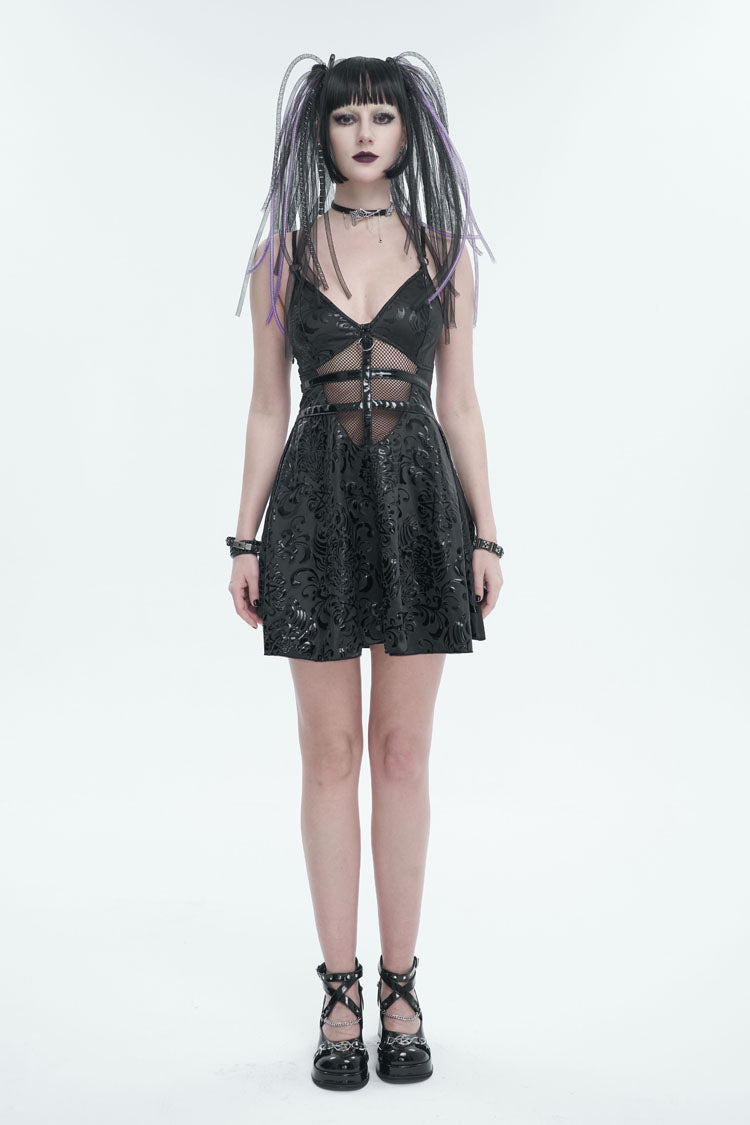 Occult Embossed Panel Mesh Cutout Gothic Evening Dress