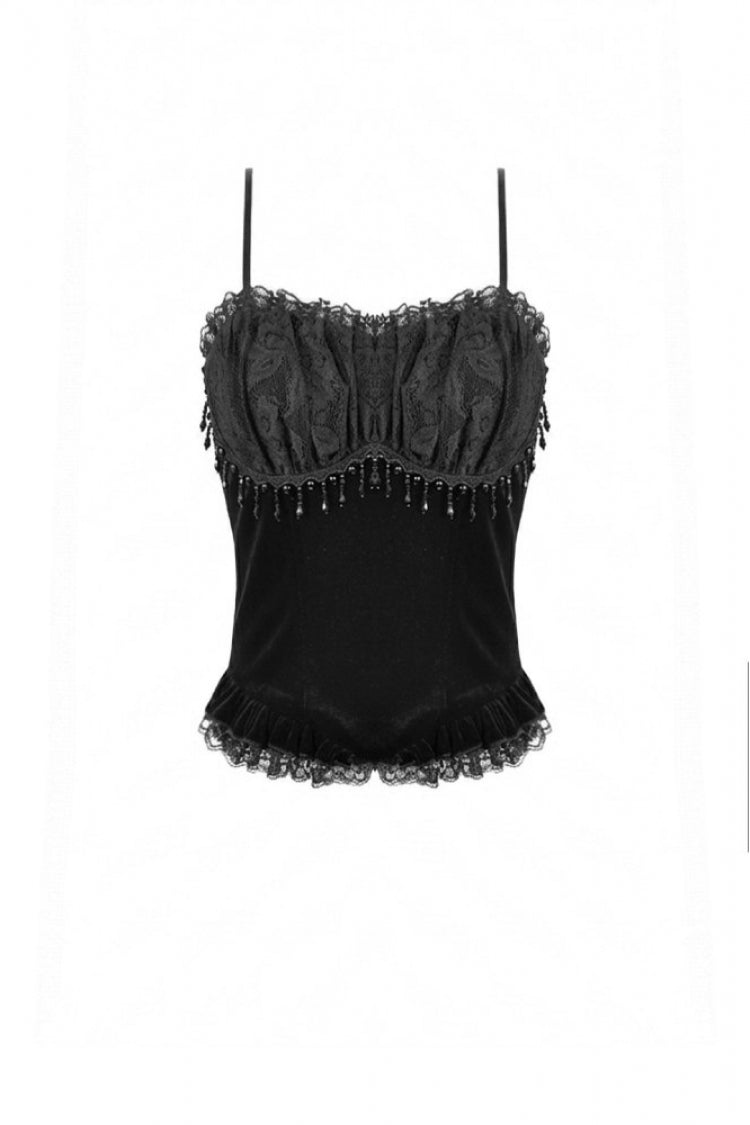 Gothic Vintage Velvet Black Lace Mesh Bustier with Beaded Tassel Drops