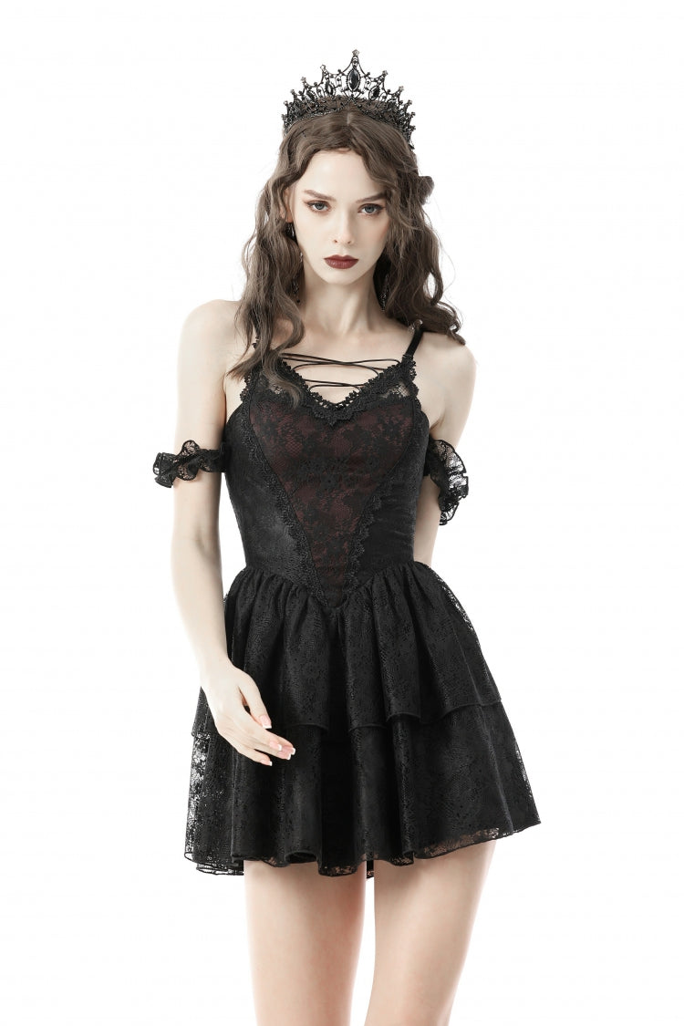Off-Shoulder Lace-Up Floral Gothic Slip Dress in Dark Red