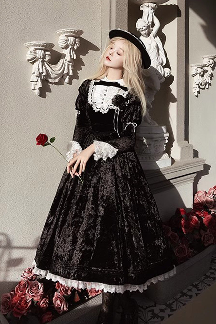 Black Long Sleeve Ruffle Bow Lace Gothic Lolita Dress