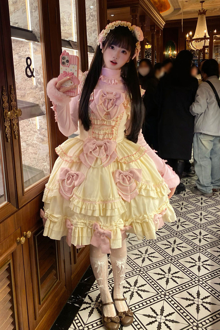 Pink Yellow Doll Multi-Layered Ruffle Bowknot Lace Sweet Dress