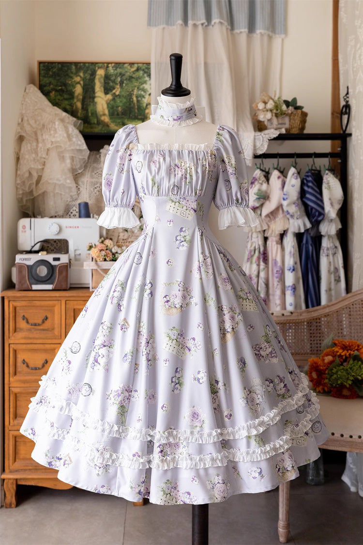 Forest Basket Printed Ruffled Lace Sweet Elegant Dress