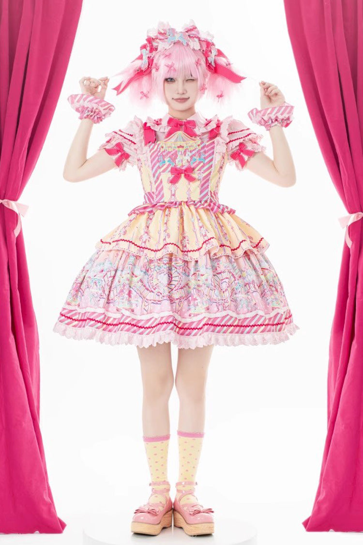 Sweet Lolita JSK in Yellow Pink with Bowknot Ruffled Print - Candy Park
