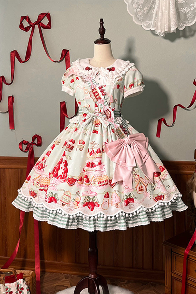 Mint Strawberry Dessert Printed Sweet Lolita Dress - Doll Collar Short Sleeved