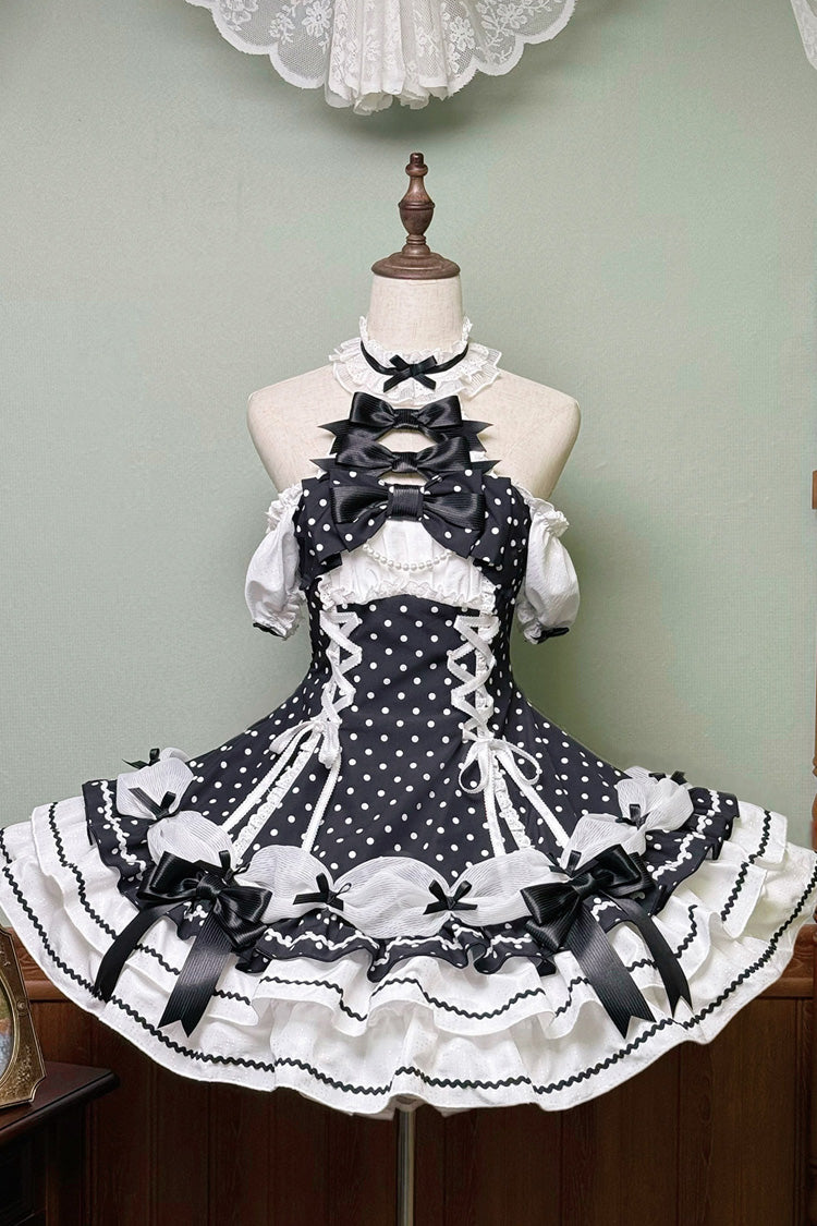 Black/White Halterneck Short Sleeve Triple-Layered Polka Dot Bow Lace-Up Sweet Dress
