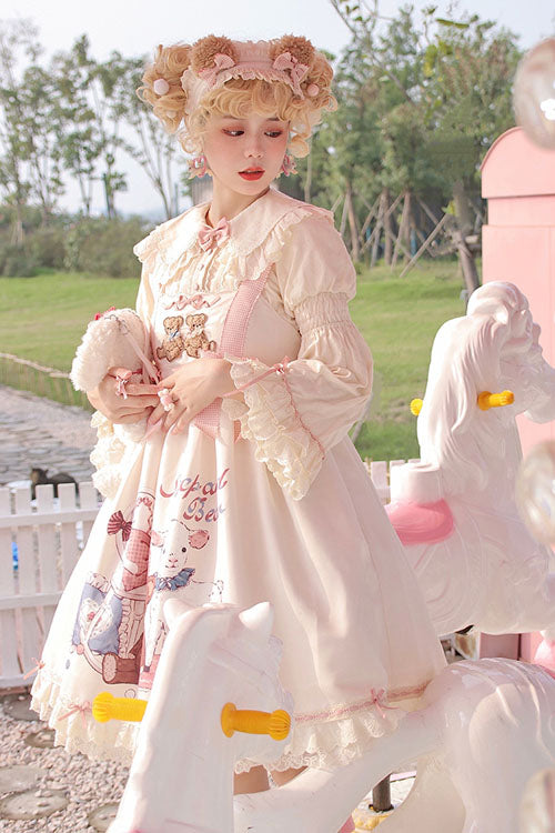 Ivory Sheep & Bear Print Alice Girl Bow Ruffled Sweet Lolita JSK Dress - Altfashion Shop
