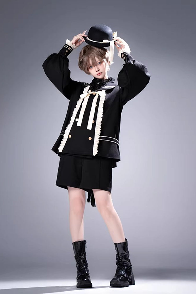 Navy-Collar Long-Sleeve Prince Ouji Short Coat Set in Black