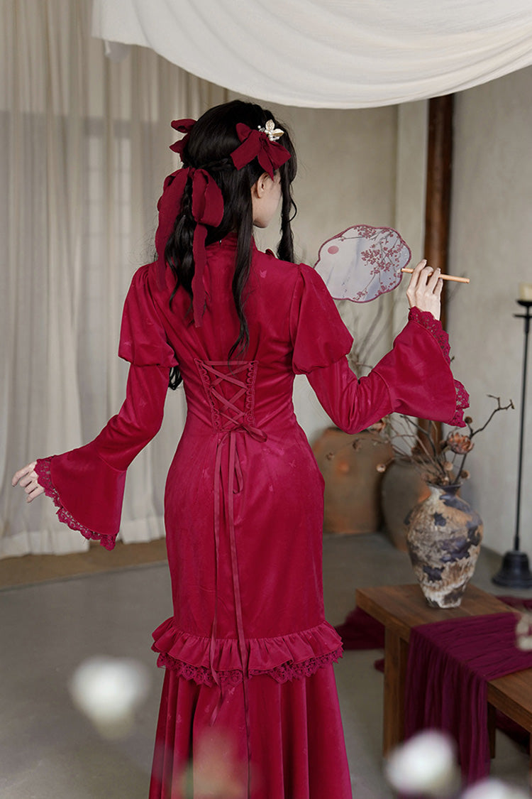 Scarlet Embroidered Lace Bow Classic Chinese Elegant Lolita Dress