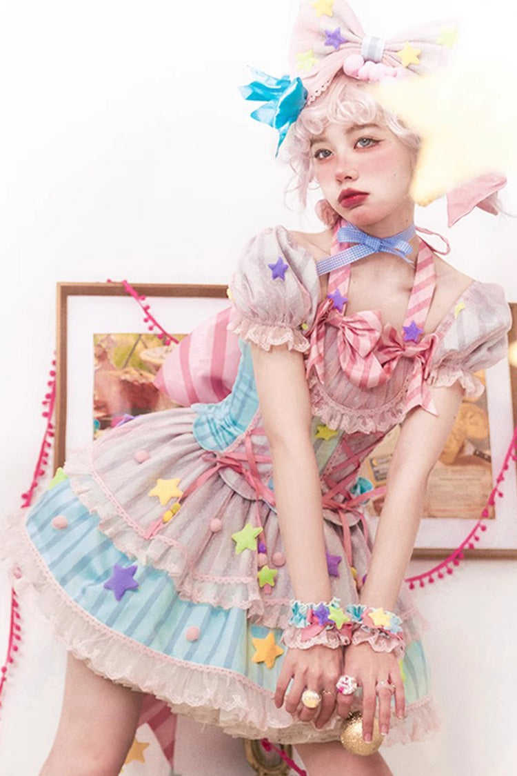 Pink Sugar Magic Print Ruffle Bow Lace Up Sweet Lolita Dress