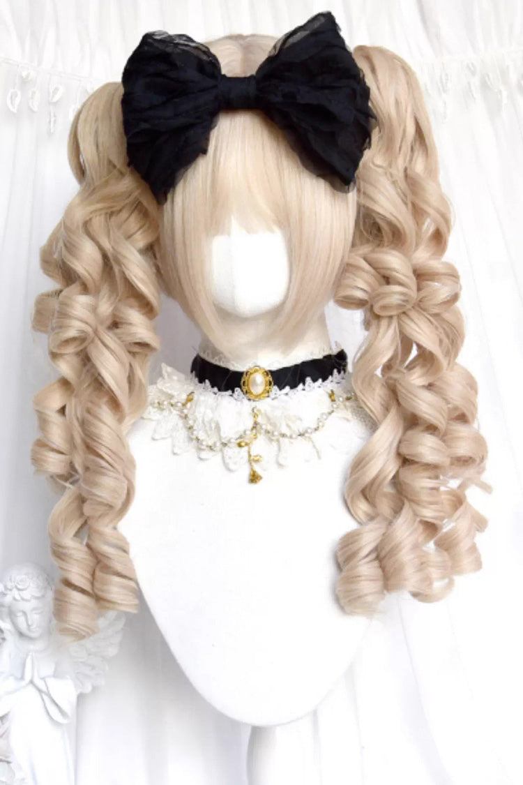 Elegant Pearl-Trimmed Beige Curly Twin-Tail Lolita Hairpiece
