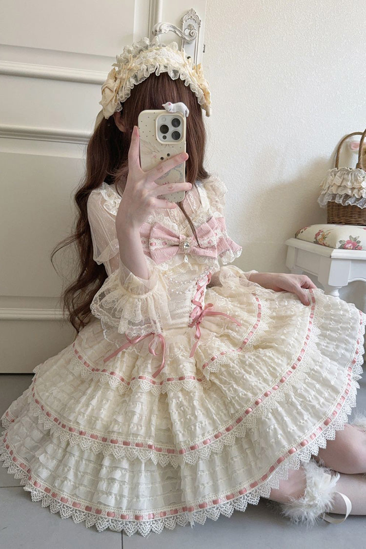 Sweet Lolita JSK Dress with Triple-Layer Bowknot Lace-Up and Apricot Sleeveless Design
