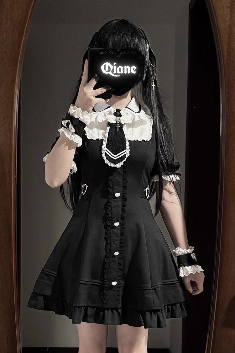 Black Angel Creed Ruffled Bow Stitched Lace Gothic College-Style Dress