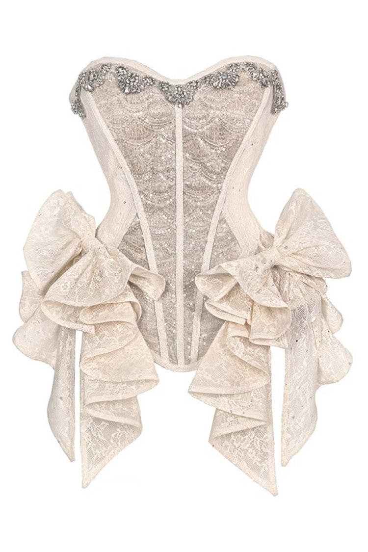 Light Brown Slavic Noble Lady Sleeveless Multi-Tiered Sparkling Diamonds Ruffled Bow Lace-Up Irregular Gothic Elegant Lolita Skirt Corset Set