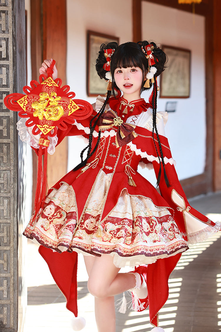 New Year Red Print Ruffle Bowknot Lace-Up Sweet Chinese Style JSK Dress