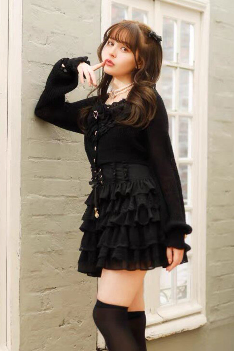 Multi Layered Ruffled Bow Print Long Sleeve Jirai Dress in Three Shades