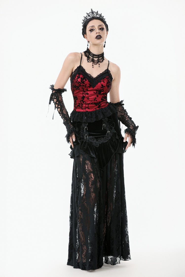 Gothic Velvet Long Skirt with Lace and Lace-Up, Black