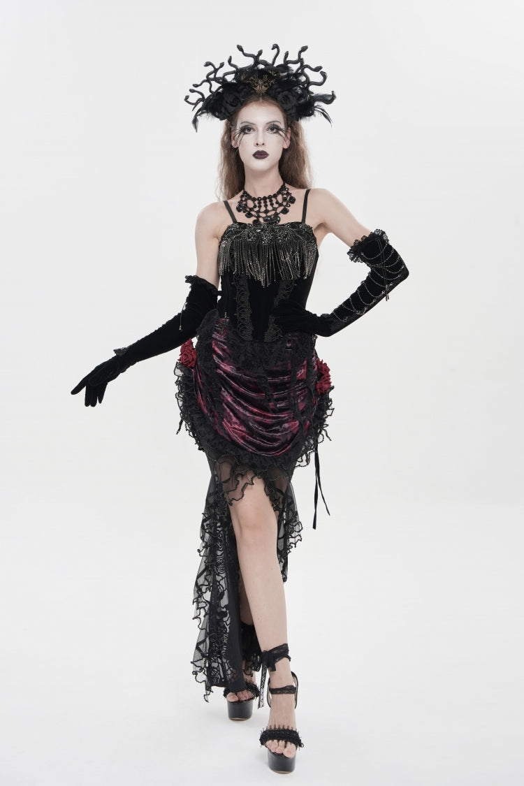 Crimson & Noir Embroidered Rose Lace-Up Asymmetric Hem Gothic Skirt