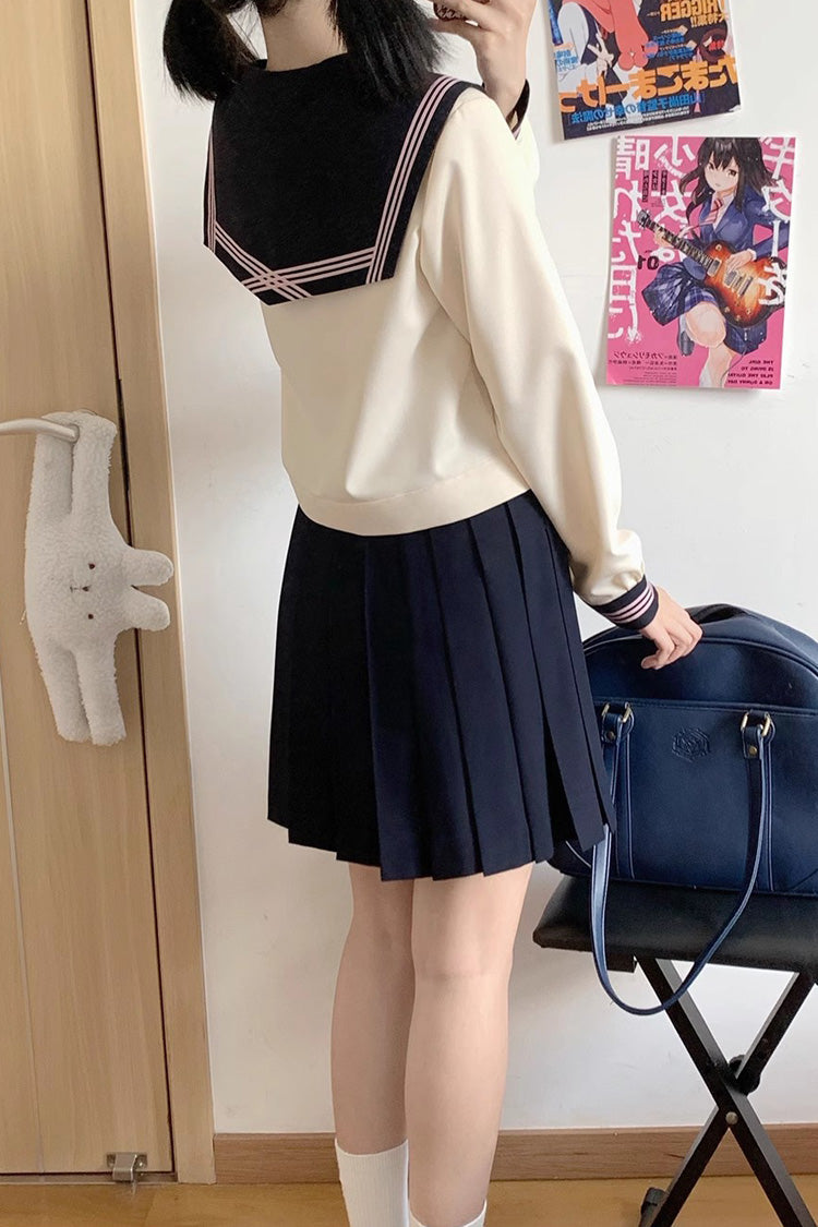 Navy/Ivory Sailor-Collar Long-Sleeve Sweet Japanese School Skirt Set