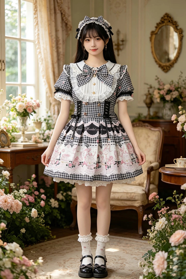 Lapel Collar Short Sleeve Printed Bow Jirai Kei Dress