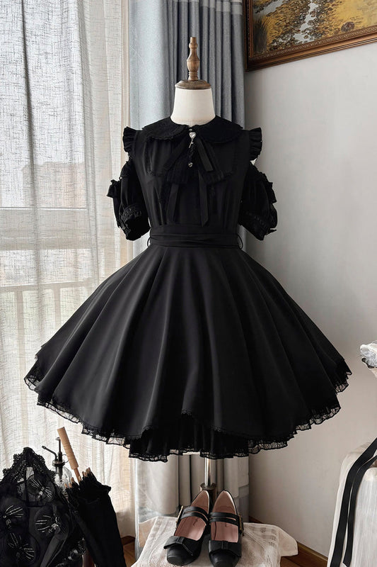 Oath Lapel Collar Off Shoulder Short Sleeves Bow Gothic Lolita Dress - Black