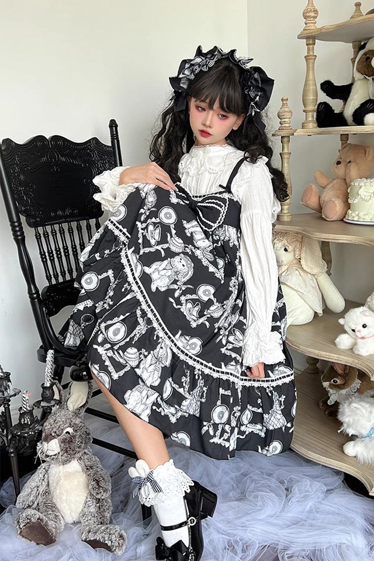 Black Wolf Detective Printed Ruffled Bow Sweet Lolita Jumper Dress