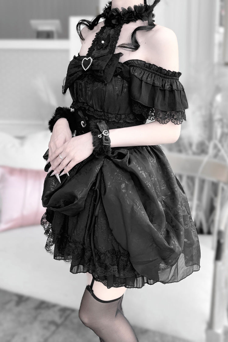 Black [Rose Dream] Halterneck Short Sleeve Print Ruffle Bowknot Lace Gothic Jirai Kei Gown