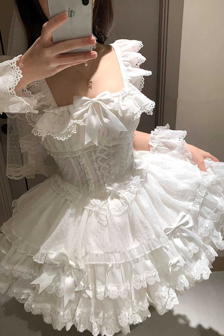 Ivory Double Ruffle Bow Lace Lace-Up Sweet Ballet JSK