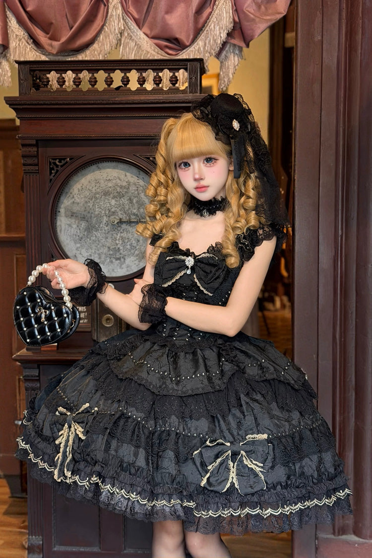 Charcoal Square Collar Layered Jacquard Bow Lace JSK - Day and Night Duality