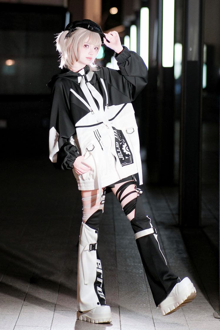Black/White Zero-Type Transformation Techwear Long Sleeves Embroidered Hooded Punk Jirai Kei Shorts Coat Set