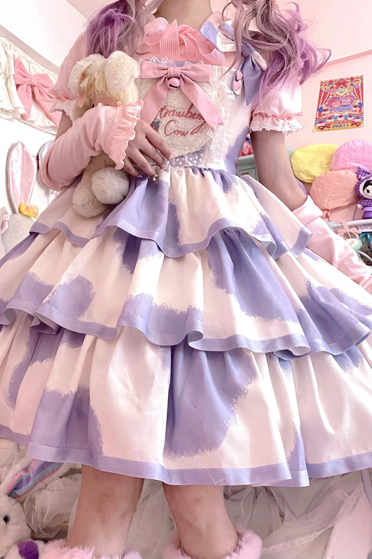 Azure Cow-Print Bowknot Sweet JSK with Triple Ruffles