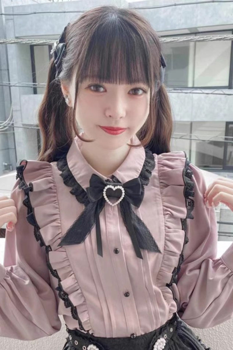 Pink Lace Bowknot Blouse with Doll Collar and Long Sleeves