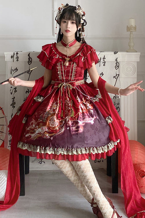 Elegant High Waist Lolita Dress - Ruffled Short Sleeve, Print