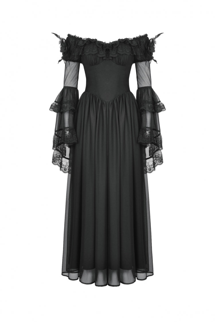 Elegant Gothic Off-Shoulder Tulle Gown with Lace Trim and Flared Sleeves