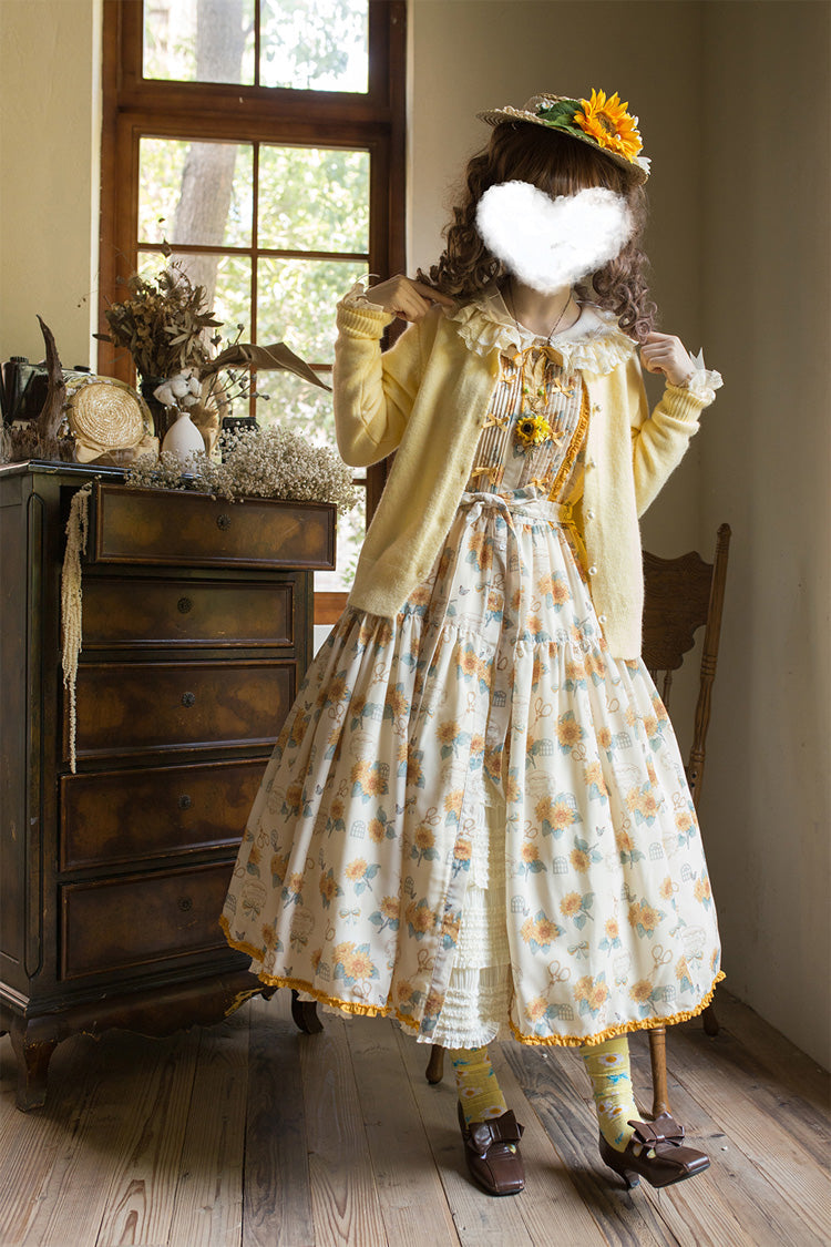 Apricot Sweet Elegant Lolita JSK Dress with Sleeveless Print Ruffles and Bowknot Accents