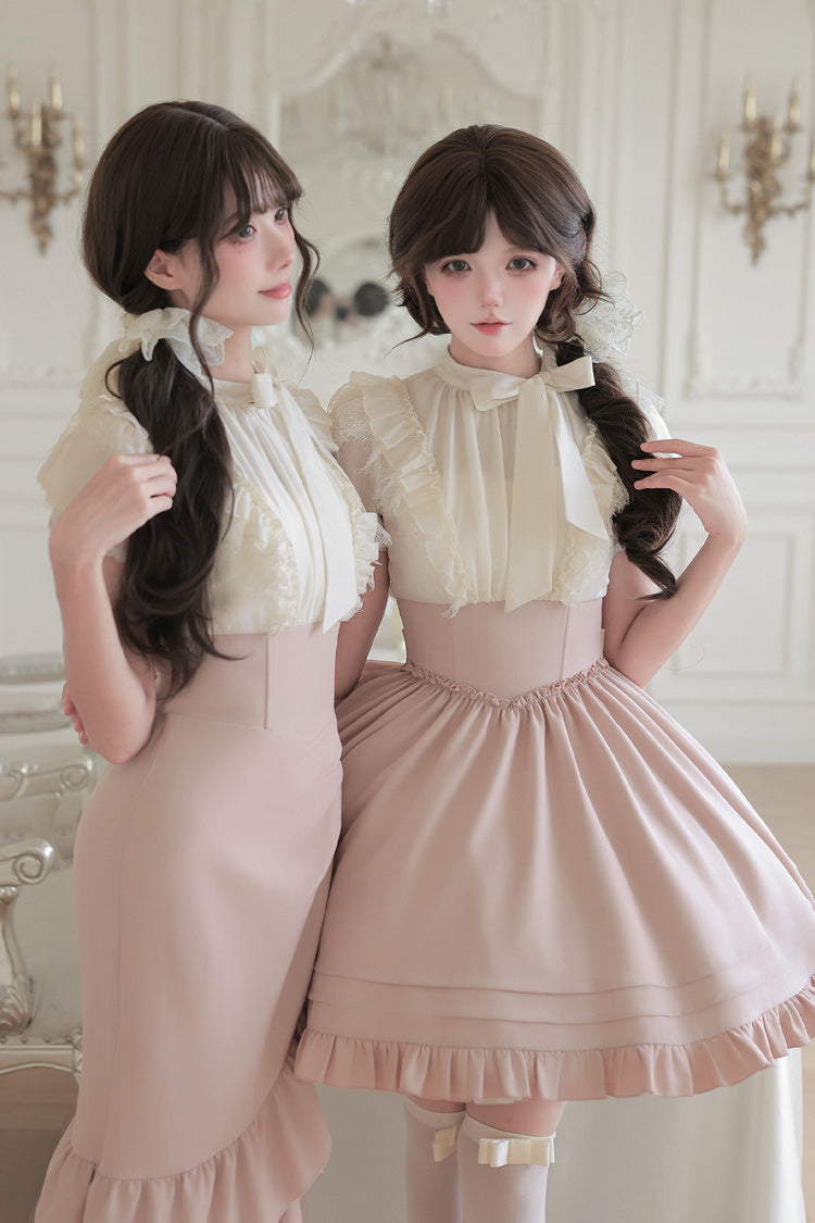 Blush & White Round Collar Short-Sleeve Ruffled Bow Lace Color-Blocked Boned Sweet Lolita Dress