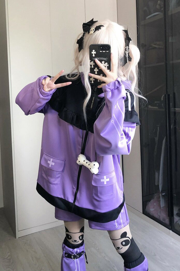 Orchid Cat-Ear Hooded Jirai Kei Shorts Jacket Set