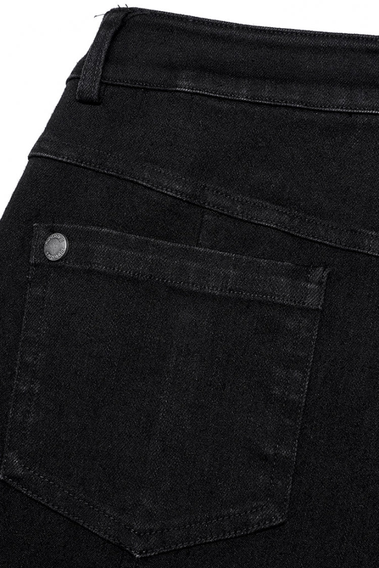 Women's Punk Buckle Jeans, Black with Pocket Detail