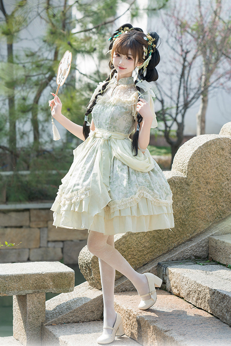Jade Chiffon Double-Ruffle Bowknot Lace Chinese-Style Lolita Dress