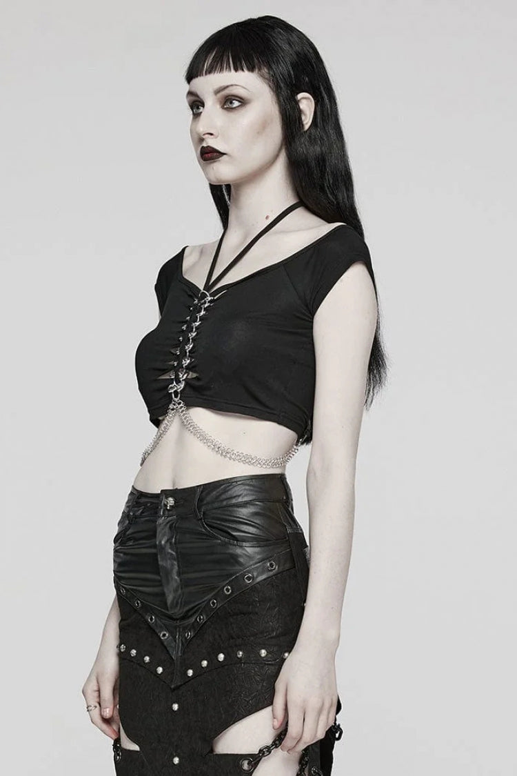Halterneck Steampunk Tee with Metal Chain Accents for Women