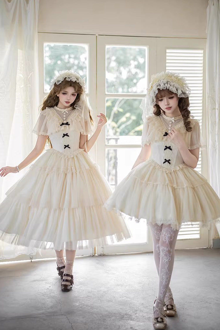 Elegant Sweet Lolita Dress with Edwardian Collar and Ruffled Bow - Ivory