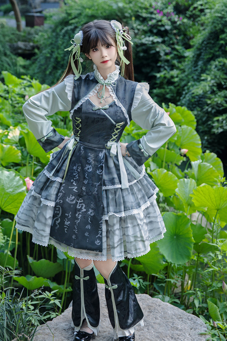 Cheongsam Ink Print Multilayer Bow Sweet Chinese Lolita Jumper Dress 2 Colors